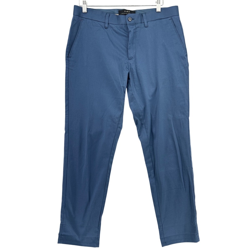 Zara Flat Front Slim Chino Trousers Blue Mens 32x28 Careercore Preppy Office